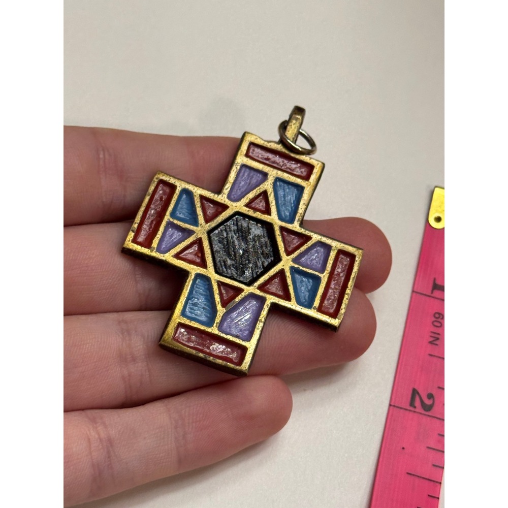 Vintage Bronze Enamel Cross Pendant Son of David Have Mercy On‎ Us Religious
